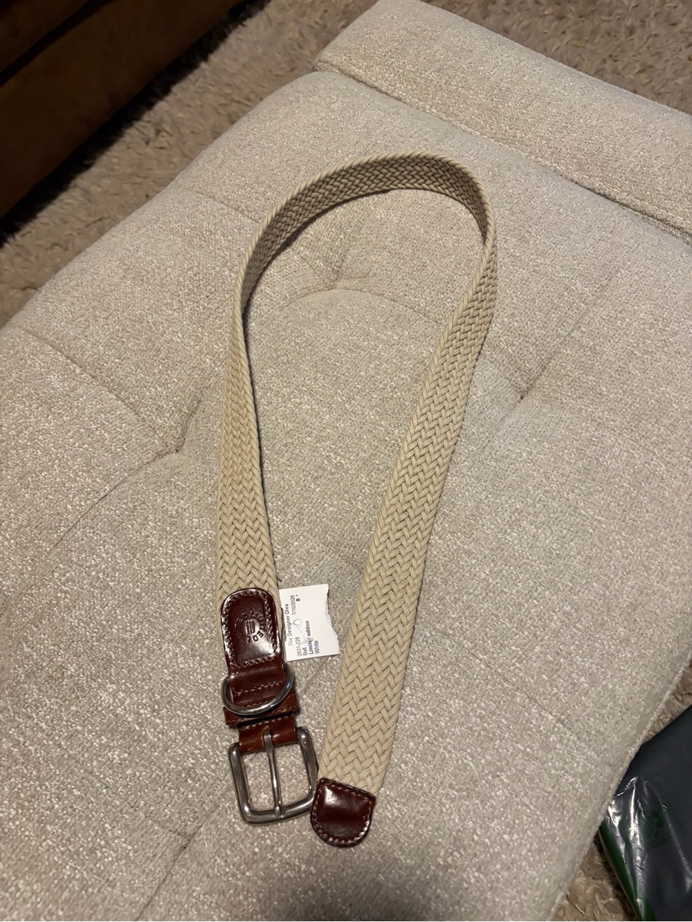 Women’s Woven Beige Belt with genuine Italian Brown Leather Trim